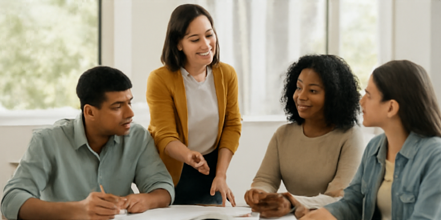 Students discussing learning English